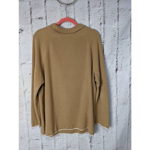 Talbots Women's Tan Pima Cotton Sweater w Cream Trim Folded Crew Neck Size 2X - Picture 2 of 7